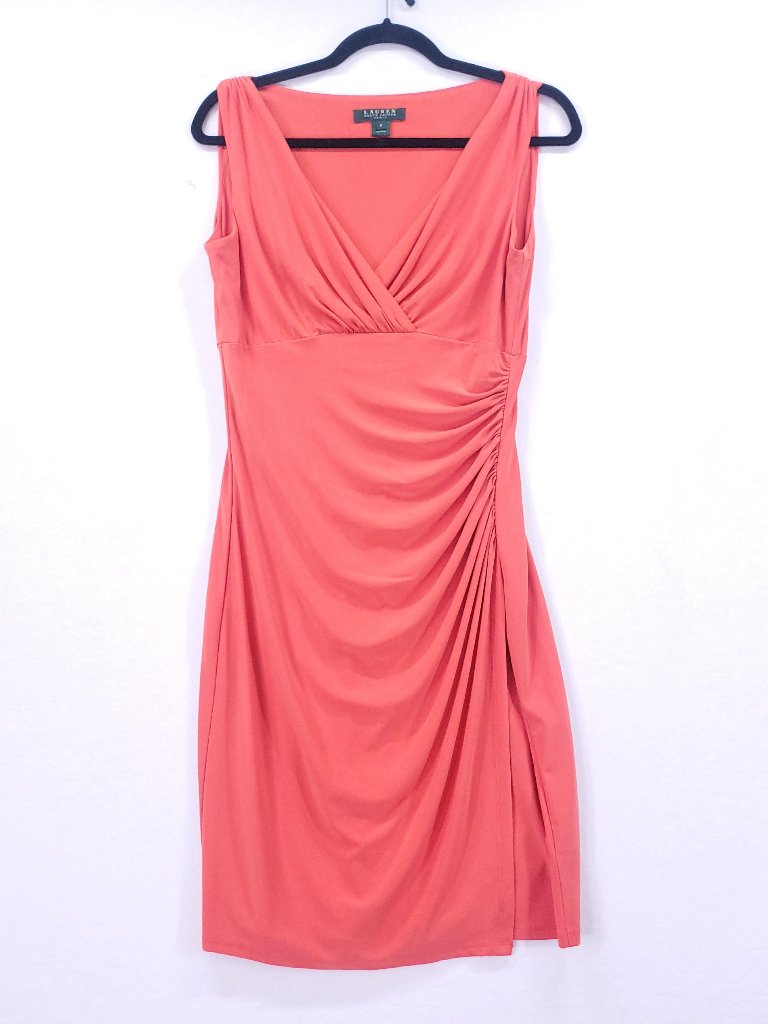 Lauren Ralph Lauren Orange Midi Dress Women’s Size 6 Ruched Low V Party Romantic
